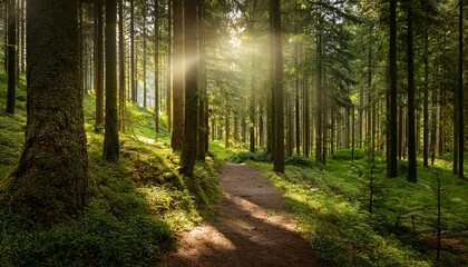 Obraz premium Sunlight Filtering Through A Dense Evergreen Forest A Serene And Mystical Landscape With Towering Trees Lush Greenery And A Path Leading Into The Enchanting Woods Creating A Tranquil And Scenic
