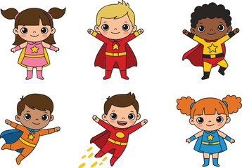 Cute superhero kids illustration, cartoon children in costumes, flying, smiling, boys and girls, teamwork, fantasy, comic style, hero characters, power