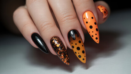 Stylish Halloween Nail Designs with Polka Dots and Glitter for a Festive Manicure