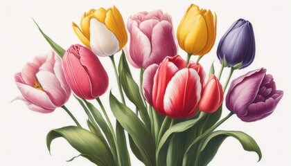 Naklejka premium Colorful Tulip Bunches Isolated On A White Background Vintage Painting Style Illustration