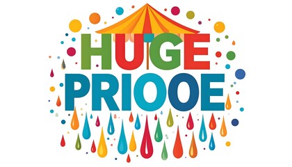 A colorful graphic with text "HUGE PRIOOE" arranged vertically, surrounded by vibrant droplets and a yellow umbrella