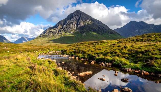 A scenic mountain and stream landscape under a cloudy sky. Green fields lead to rocky terrain, with peaks reflected in the water