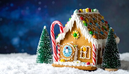 A festive gingerbread house sits in snow with tiny trees and a candy cane against a blurred, starry background