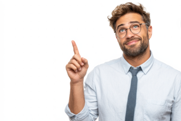 A man in a light blue shirt and tie, wearing glasses, points his index finger upwards with a thoughtful expression.