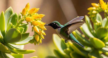 Hummingbird Feeding on Flowers.
