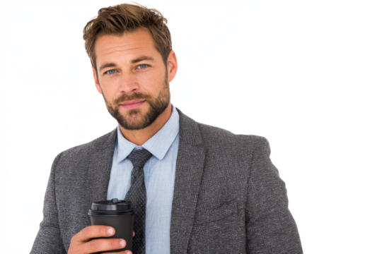 A handsome businessman in a suit holding a coffee cup, looking directly at the camera with a slight smile.