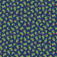 Seamless Christmas pattern with watercolor holly leaves, red berries on dark blue background. Holiday design, great for fabric, textile, wrapping paper, cards, backdrop, festive projects, stationery