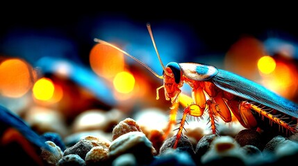 Close-up view of a cockroach on textured surface with warm illumination at nighttime - High Contrast