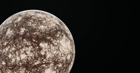 Render 3D de um planeta fictício com textura rochosa em tons marrom e bege, iluminado sobre fundo...