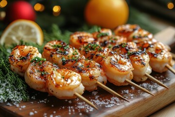 Grilled shrimp skewers with lemons and herbs on wooden board.