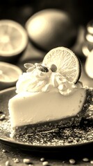 Delicious key lime pie slice garnished with whipped cream and fresh lime at a dessert table