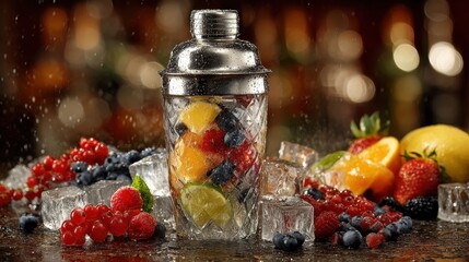 Fresh Fruit Cocktail in a Chrome Shaker with Ice Cubes