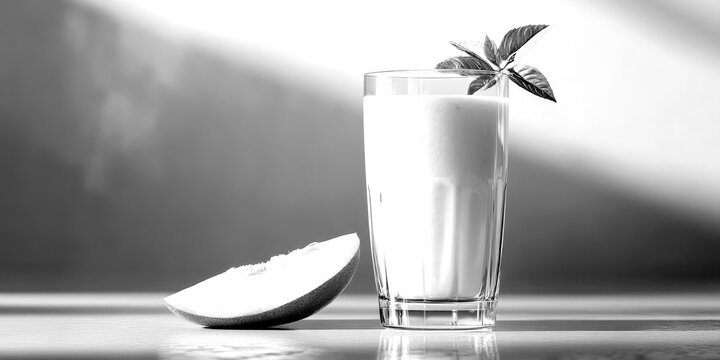 Fresh mango juice served in a glass with a slice of mango on a background, capturing a refreshing summer vibe