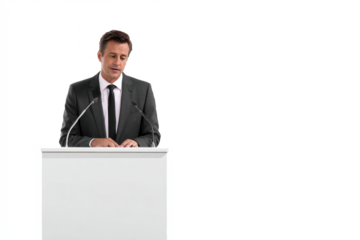 A professional man in a dark suit and tie stands behind a white podium with two microphones, looking down to read his speech against a plain white background.