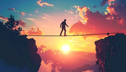 A lone figure, silhouetted against a vibrant sunset, balances on a tightrope stretched across a vast chasm