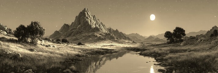 Majestic mountain landscape under the moonlit sky reflecting on serene water