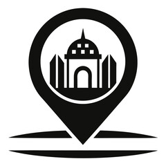 Black and white icon shows a dome building inside a location pin