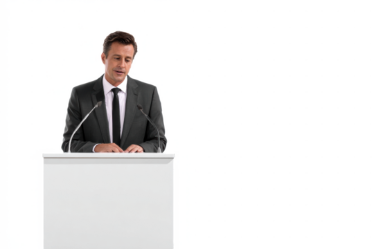A professional man in a dark suit and tie stands behind a white podium with two microphones, looking down to read his speech against a plain white background.
