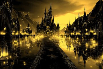 Grand castle illuminated by lanterns with a carpet leading towards it during twilight in a magical landscape