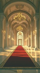 Elegant interior hallway with carpet and ornate chandeliers in a grand architectural setting