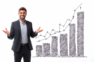 A smiling businessman in a suit stands next to a hand-drawn bar graph showing upward growth.