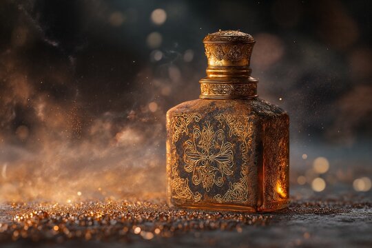 antique luxury perfume bottle mockup with ornate golden carvings, aged royal design