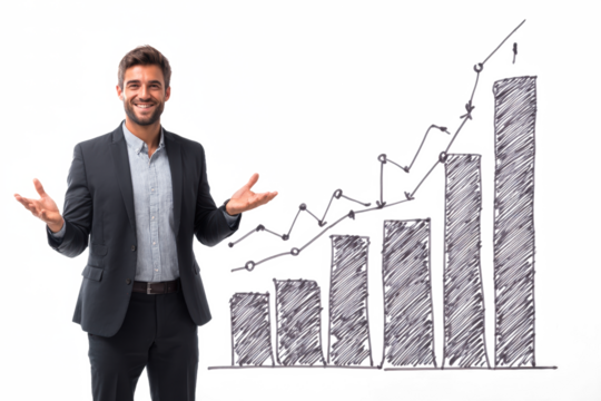 A smiling businessman in a suit stands next to a hand-drawn bar graph showing upward growth.