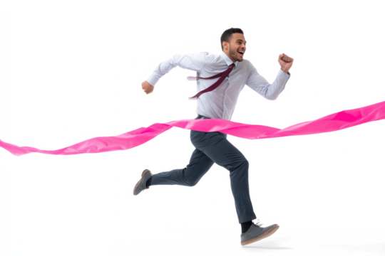 Happy businessman in a shirt and tie running through a pink finish line ribbon, celebrating success on a white background.