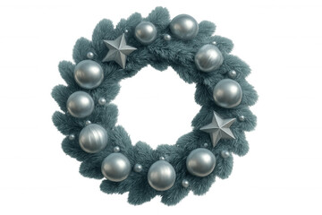 Obraz premium Christmas wreath decorating door with silver ornaments, baubles and stars, transparent background