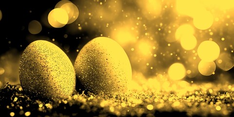sparkling Easter eggs are placed on shiny textured surface with blurred lights in background