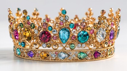 Ornate golden crown decorated with colorful precious gemstones including emeralds, rubies, sapphires and diamonds on neutral background