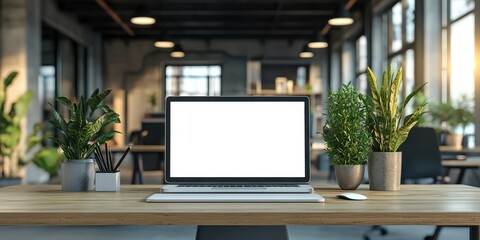 Modern workspace featuring a laptop surrounded by indoor plants and a bright, airy atmosphere