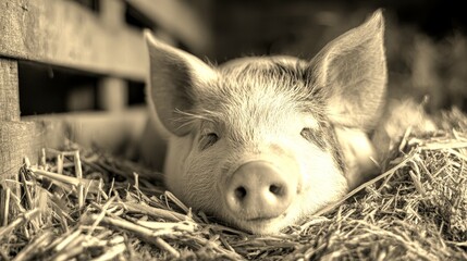 Cute pig resting comfortably in straw bedding on a sunny afternoon at a farm
