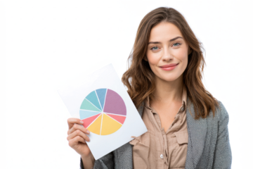 Confident young businesswoman smiling while holding a paper with a colorful pie chart, isolated on a white background.