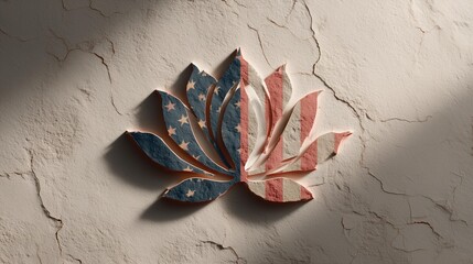 A creative representation of a lotus flower with American flag colors, symbolizing unity and peace, set against a textured background.