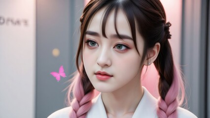 Cute Asian girl with pink braided pigtails in a cafe, looking thoughtfully.