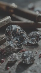 Sparkling diamonds resting on a workbench among tools and scattered gemstones during the day - Low Contrast