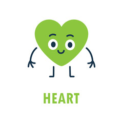 Cartoon heart with smiling face, arms and legs. Fun vector character for kids learning shapes, posters, games and school