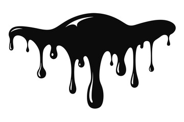 Black viscous fluid drips from above creating dramatic effect against white background