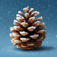 Pinecone covered in snow against a soft blue background during winter season