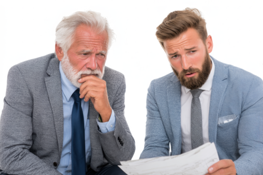 Two confused businessmen, an older man and a younger man, looking at a document with concerned expressions.