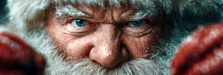 Portrait of a festive character with a serious expression during winter outdoors at twilight