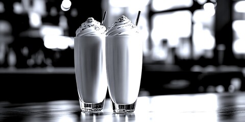 Creamy milkshakes served in tall glasses topped with whipped cream and crumbs in a cozy cafe setting