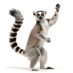 Obraz premium A ring tailed lemur standing on its hind legs with its arm raised against a white background studio shot