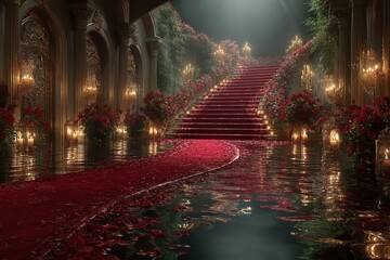 Elegant staircase adorned with roses and candles creates a romantic atmosphere in a lavish hall