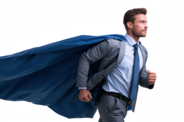 A confident businessman in a suit and tie runs forward with a flowing blue cape, symbolizing power and success.