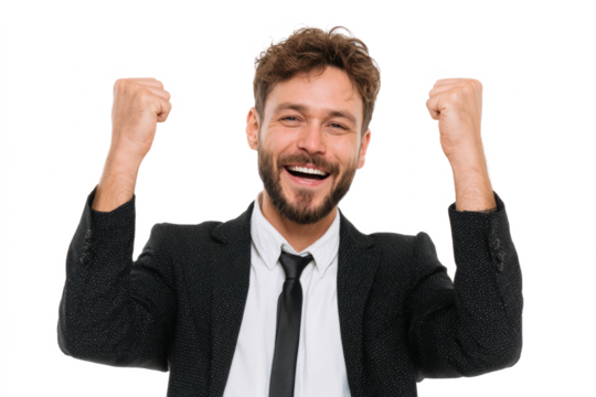 Happy bearded businessman in a formal suit celebrating success with clenched fists raised in the air on a white background.
