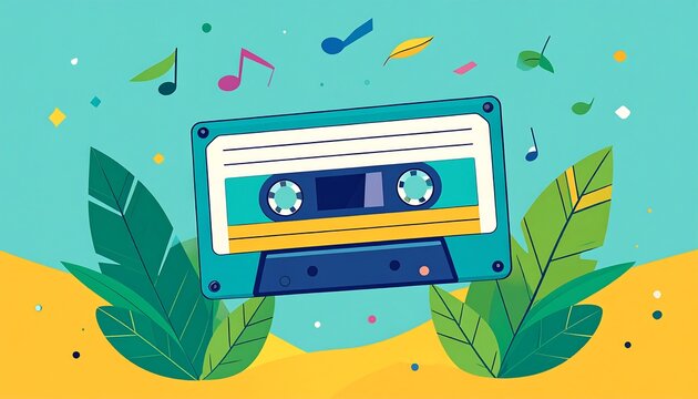 A colorful illustration of a cassette tape, music notes, and tropical leaves against a vibrant, two-tone background