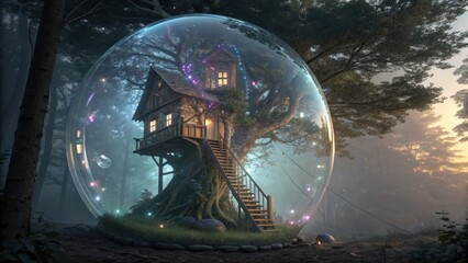 Magical treehouse inside glowing crystal sphere in dreamy forest