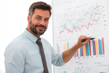 Smiling businessman presenting financial data on a whiteboard with colorful charts and graphs, explaining market trends.
